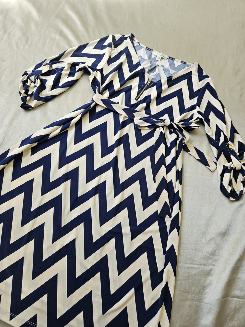 Tacera Navy and White Chevron Midi Dress with Belt - Picture 7 of 11